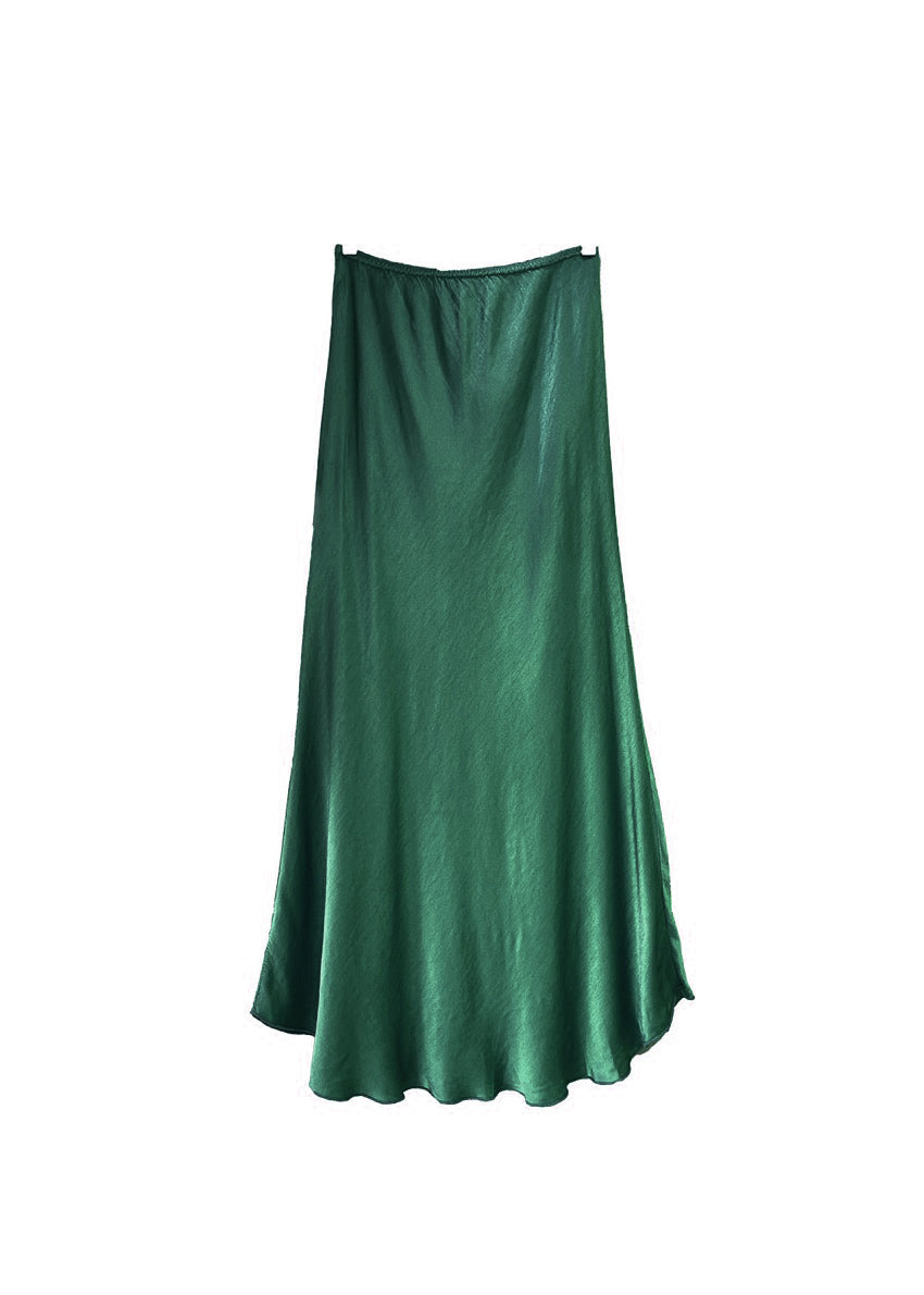 A teal satin midi-length skirt with a high-rise waist and a flaring hem.