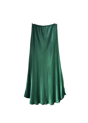 A teal satin midi-length skirt with a high-rise waist and a flaring hem.